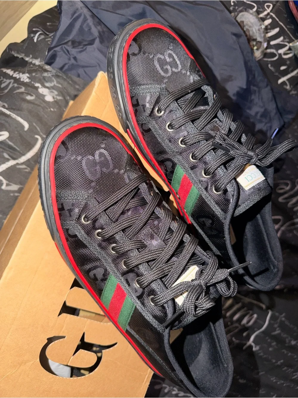 Gucci Black Sneakers with Red and Green Web Stripe